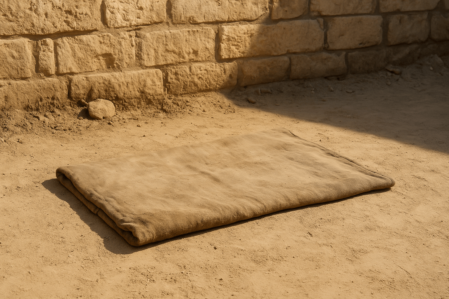 eine staubige Matte im Sand vor einer Mauer.