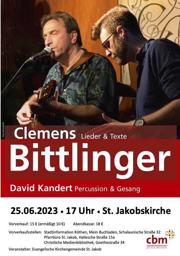 Konzertplakat Clemens Bittlinger: zu sehen sind zwei Künstler mit Gitarren und Clemens Bittlinger singt mit geschlossenen Augen