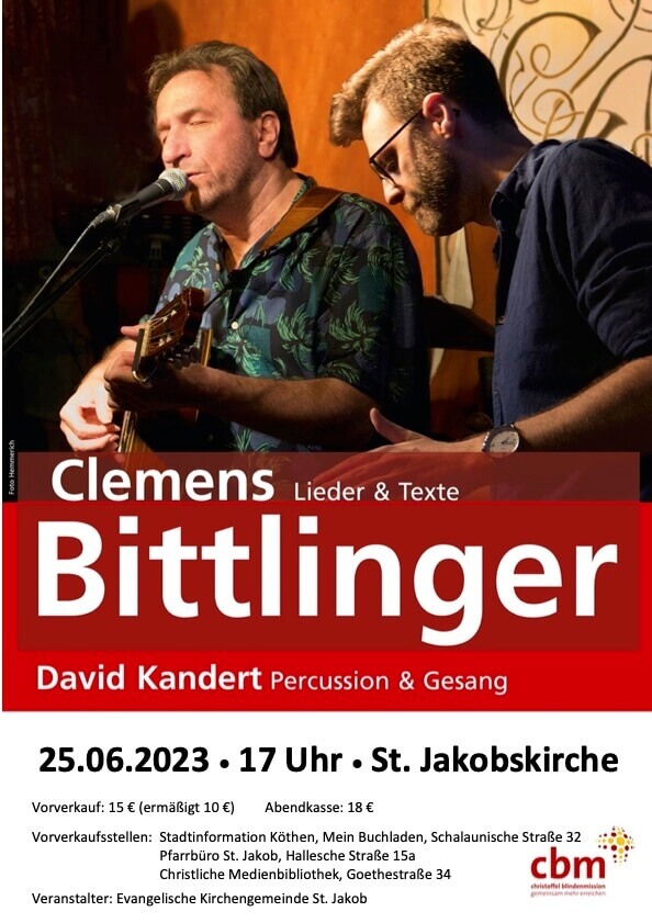Konzertplakat Clemens Bittlinger: zu sehen sind zwei Künstler mit Gitarren und Clemens Bittlinger singt mit geschlossenen Augen