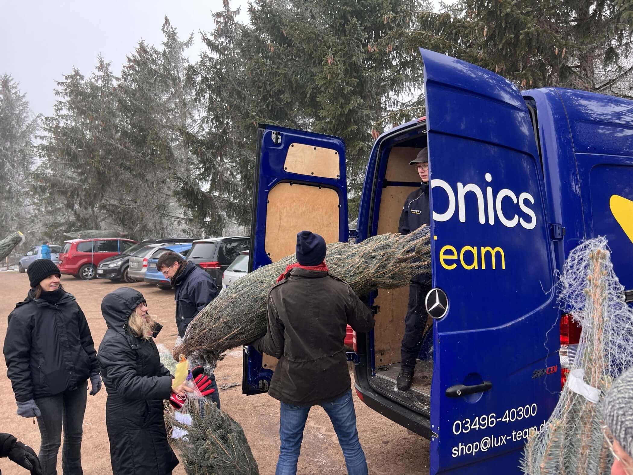 Menschen laden einen verpackten Tannenbaum in einen Transporter ein.